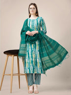 Jyoti Fashion Women's Teal Rayon Print with Embroidery & Fancy Lace Work Kurta with Trouser & Dupatta | Grocsy