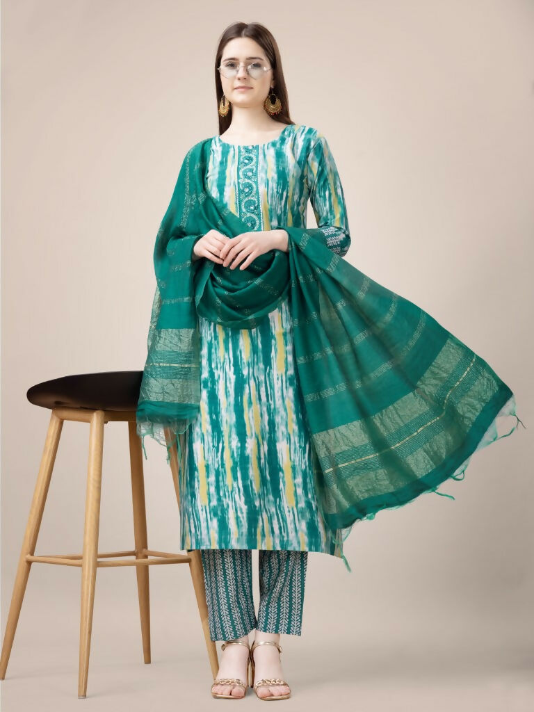 Jyoti Fashion Women's Teal Rayon Print with Embroidery & Fancy Lace Work Kurta with Trouser & Dupatta | Grocsy