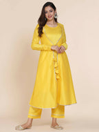 Cheera Women's Yellow Silk Blend With Gota Work Double Layer Dress With Silk Straight Pant Set | Grocsy