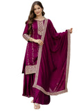 The52 Wine Beautiful Embroidered Vichitra Silk Fabric Straight Kurta, Palazzo and Dupatta Set | Grocsy