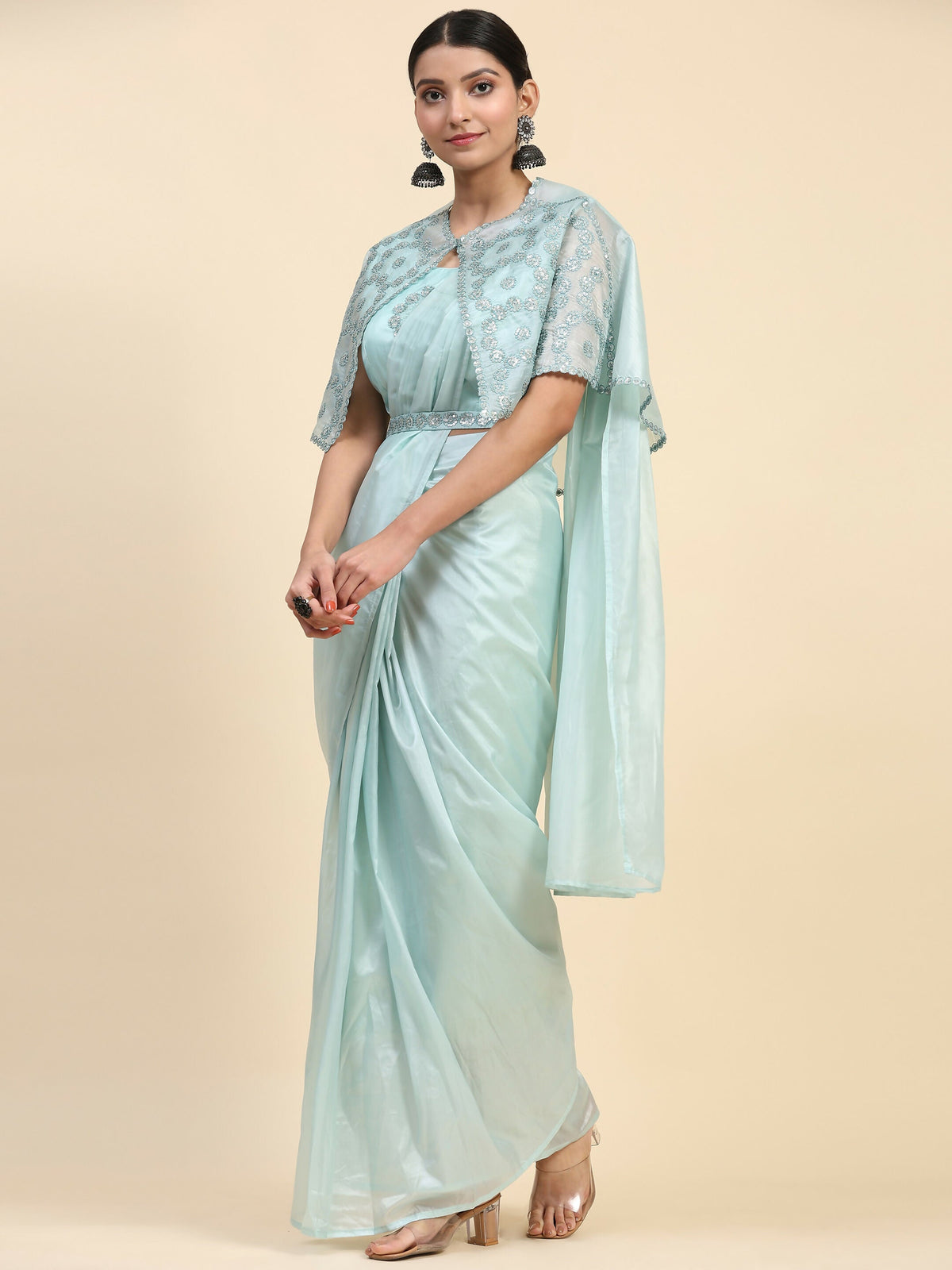 Blue Satin Solid Ready to wear Saree with stitched Blouse - Vanita | Grocsy