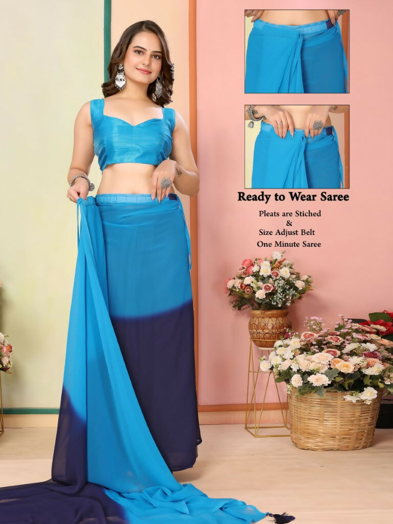 Blue Georgette Pedding Color Printed Ready To Wear Saree - Aalaya | Grocsy
