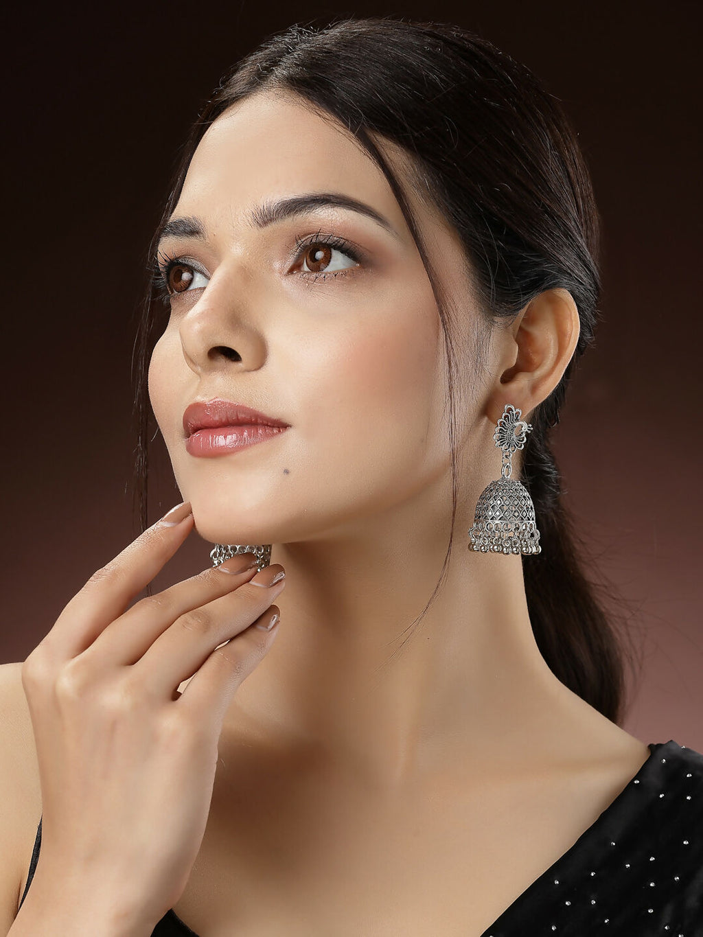 NVR Women's Silver-Toned Peacock Design German Silver Oxidised Dome Shaped Jhumka Earrings | Grocsy