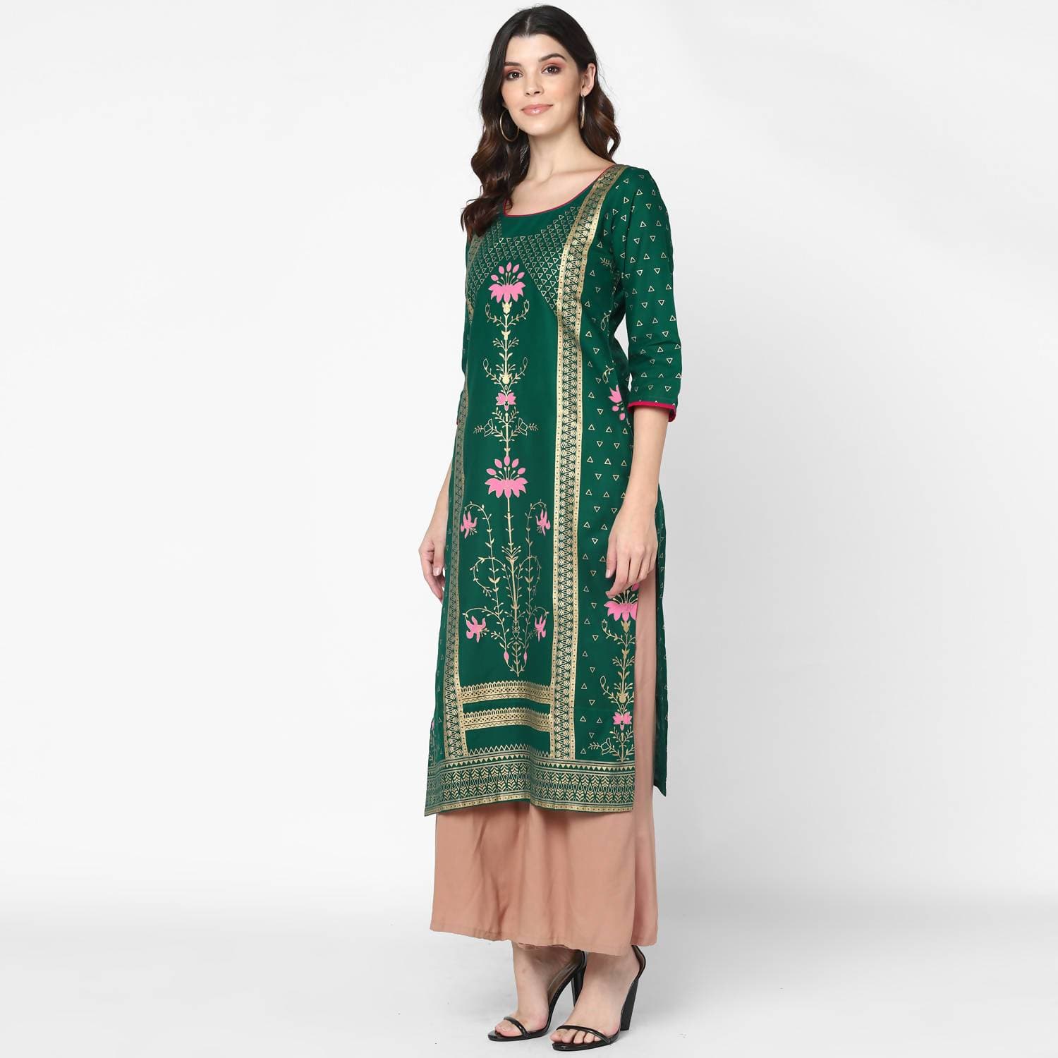Cheera Hand Block Print Green & Skin Color Straight Kurta With Palazzo (MAAI-089K) | Grocsy