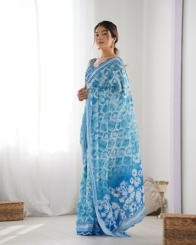 Blue Chinon Designer Digital Printed & Mirror Cut Work Saree - Kriti | Grocsy