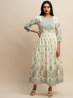 White And Blue Pure Cotton Floral Printed Anarkali Kurta And Bottom With Dupatta - Akashara | Grocsy