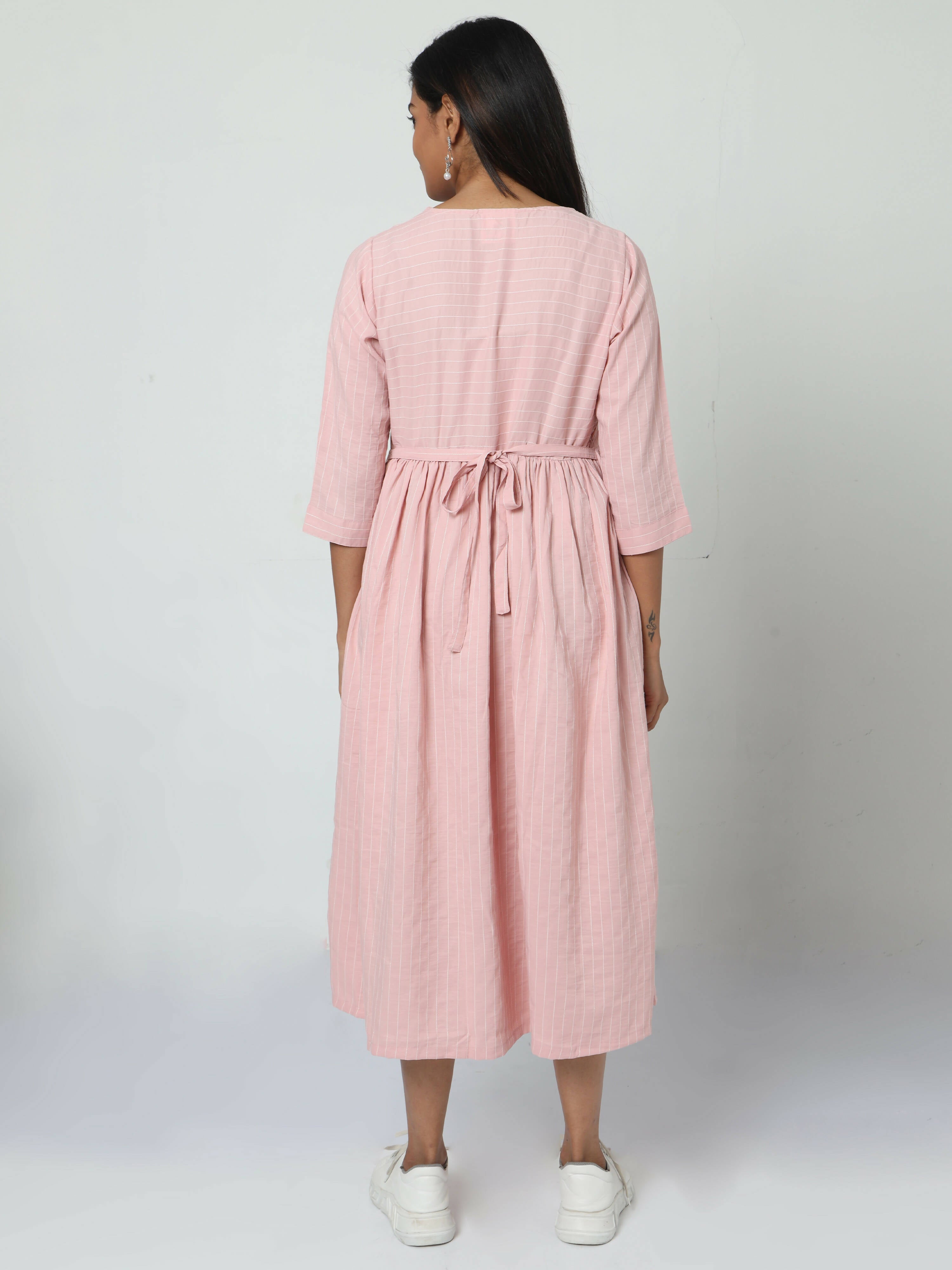 Manet Three Fourth Maternity Dress Striped With Concealed Zipper Nursing Access - Baby Pink | Grocsy