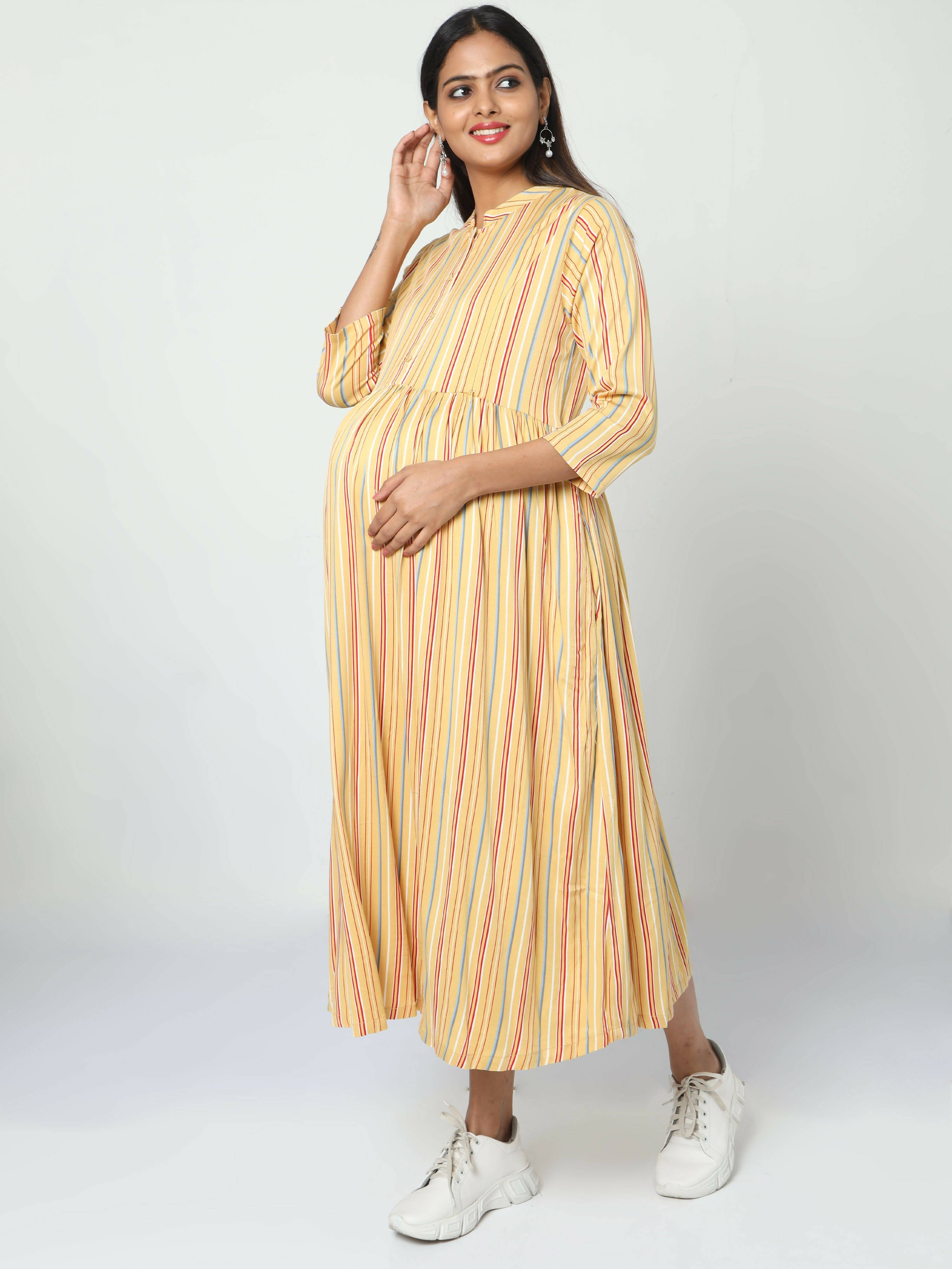 Manet Three Fourth Maternity Dress Striped With Concealed Zipper Nursing Access - Yellow | Grocsy