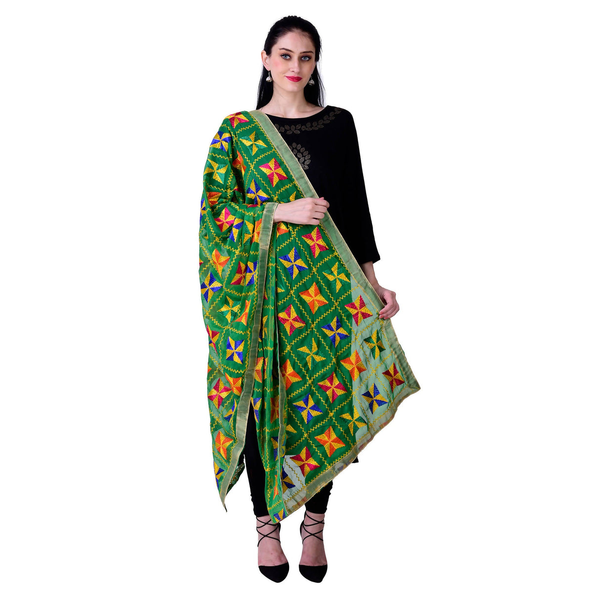 SWI Stylish Embroidered Phulkari Chiffon Green Dupatta | Grocsy