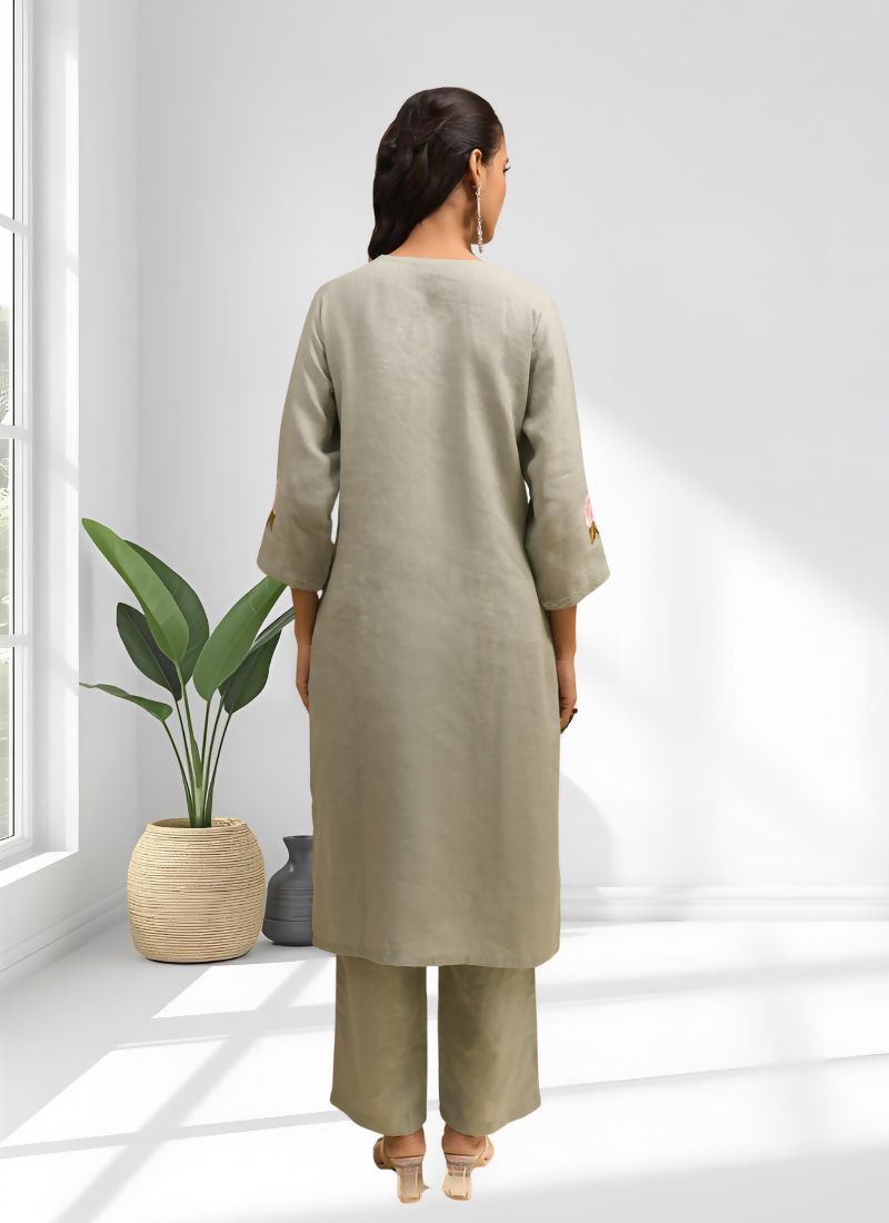 Joban Fashion Pista Green Linen Embroidered Readymade Cord Set | Grocsy