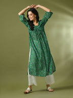 Myshka Women's Green Printed Georgette A-Line Nyra-cut Kurta | Grocsy