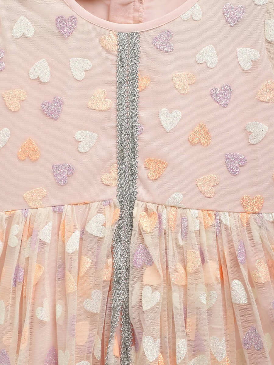 Ahalyaa Pink Net Glitter Print kids Dress For Girls | Grocsy