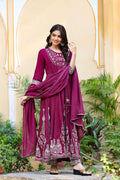 Yufta Women's Burgundy Anarkali Kurta Dupatta Set | Grocsy