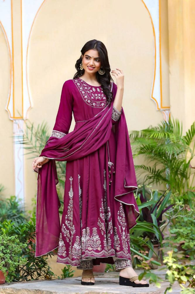 Yufta Women's Burgundy Anarkali Kurta Dupatta Set | Grocsy