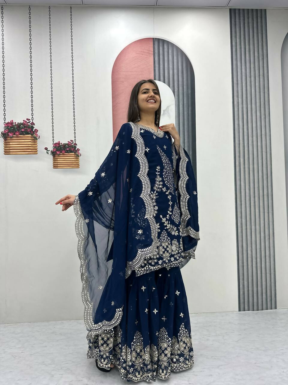 Teeya Creation Womens New Heavy Fox Georgette Fabric With Heavy Embroidery Work Dark-Navy-Blue Kurta Set | Grocsy