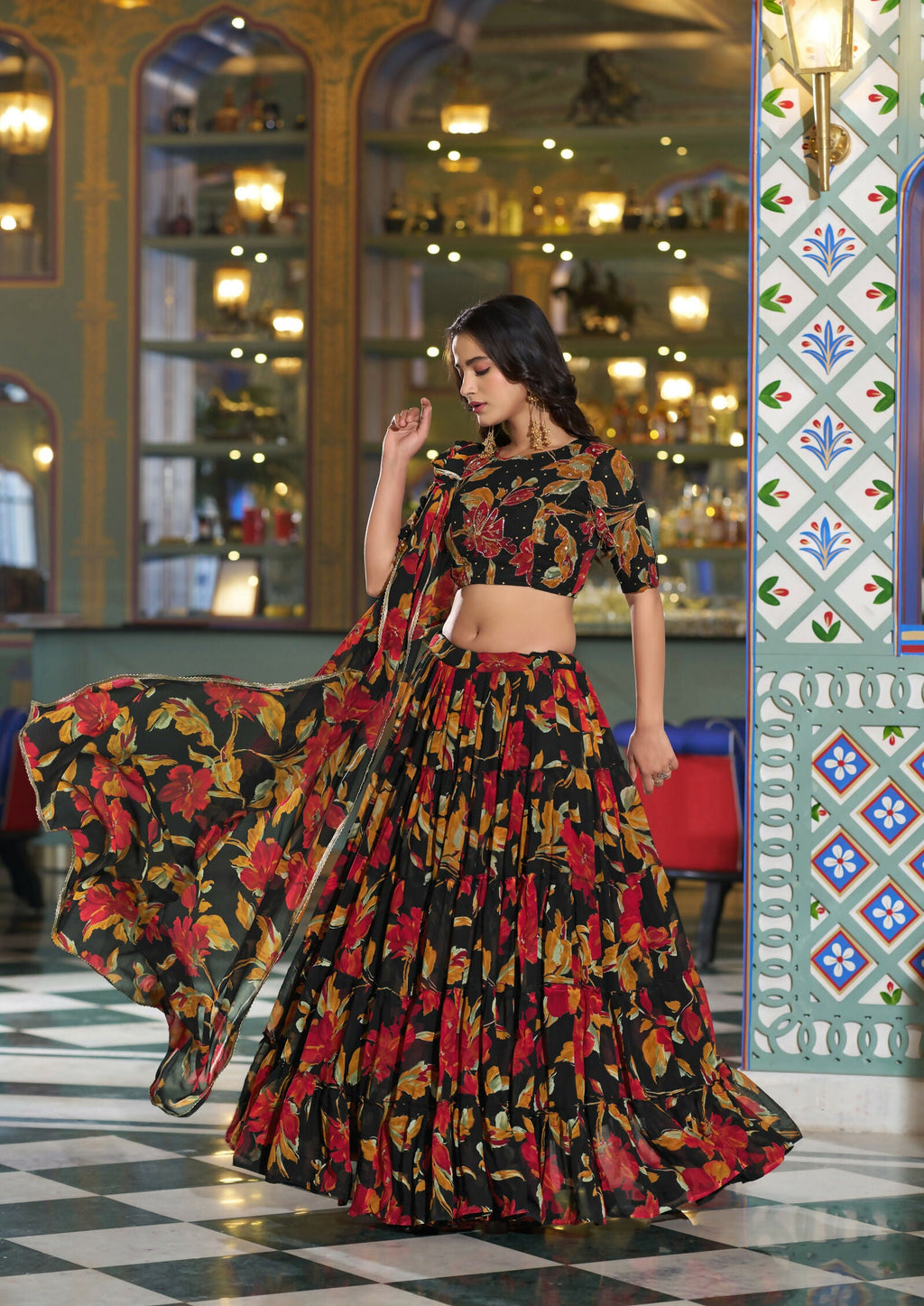 Lorenvalley Fashion Black Tasar Silk Printed And Iconic Sparkle with Lace Border Lehenga Choli with Dupatta | Grocsy