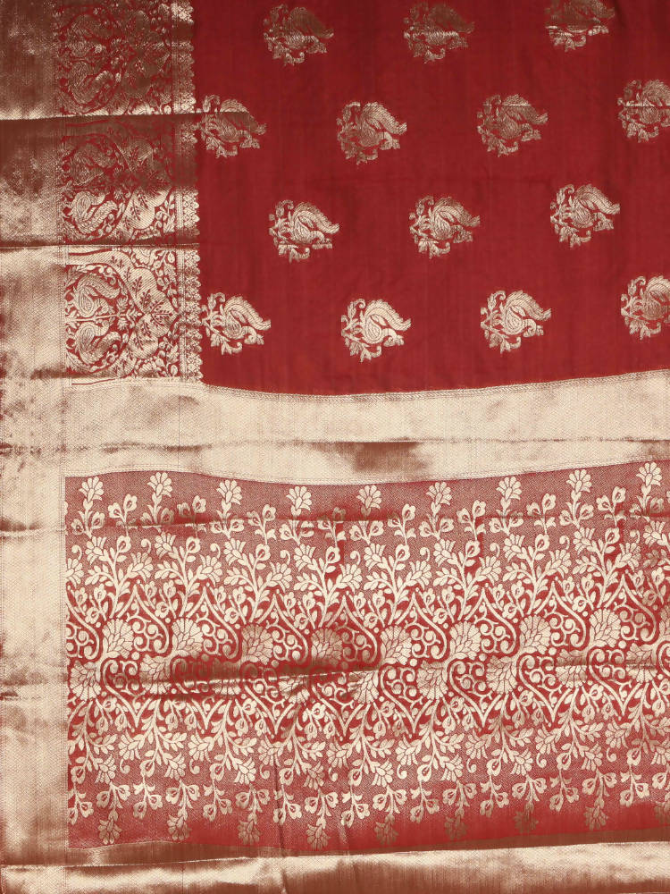 Kalamandir Peacock Print Red Silk Blend Saree | Grocsy