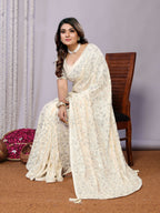 White Pure Georgette Embroidered Saree With Stitched Blouse - Nimaya Kaksha | Grocsy