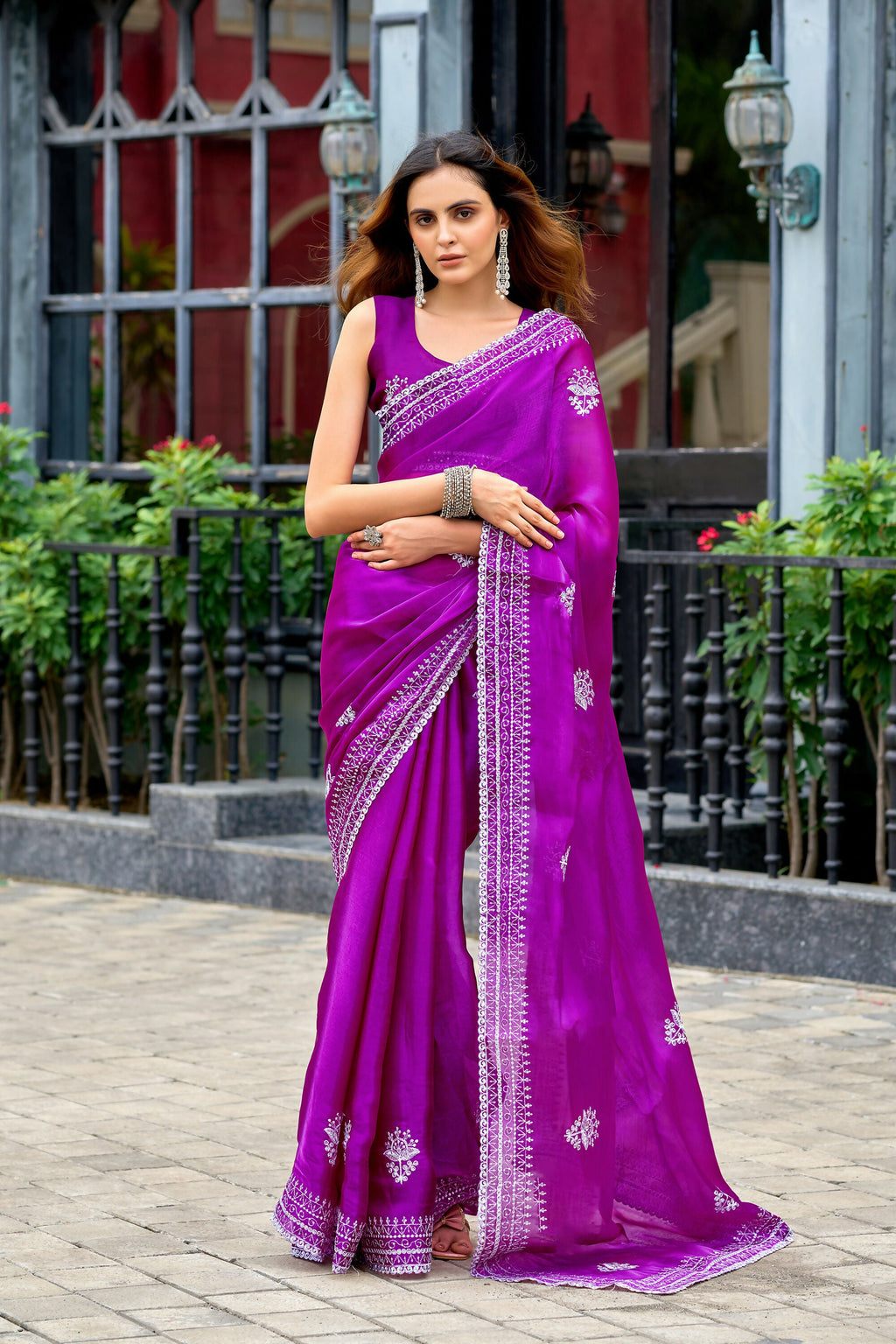 Vastranavya Purple Embroidery Work Shimmer Chiffon Saree with Unstitched Blouse | Grocsy