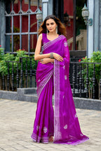 Vastranavya Purple Embroidery Work Shimmer Chiffon Saree with Unstitched Blouse | Grocsy