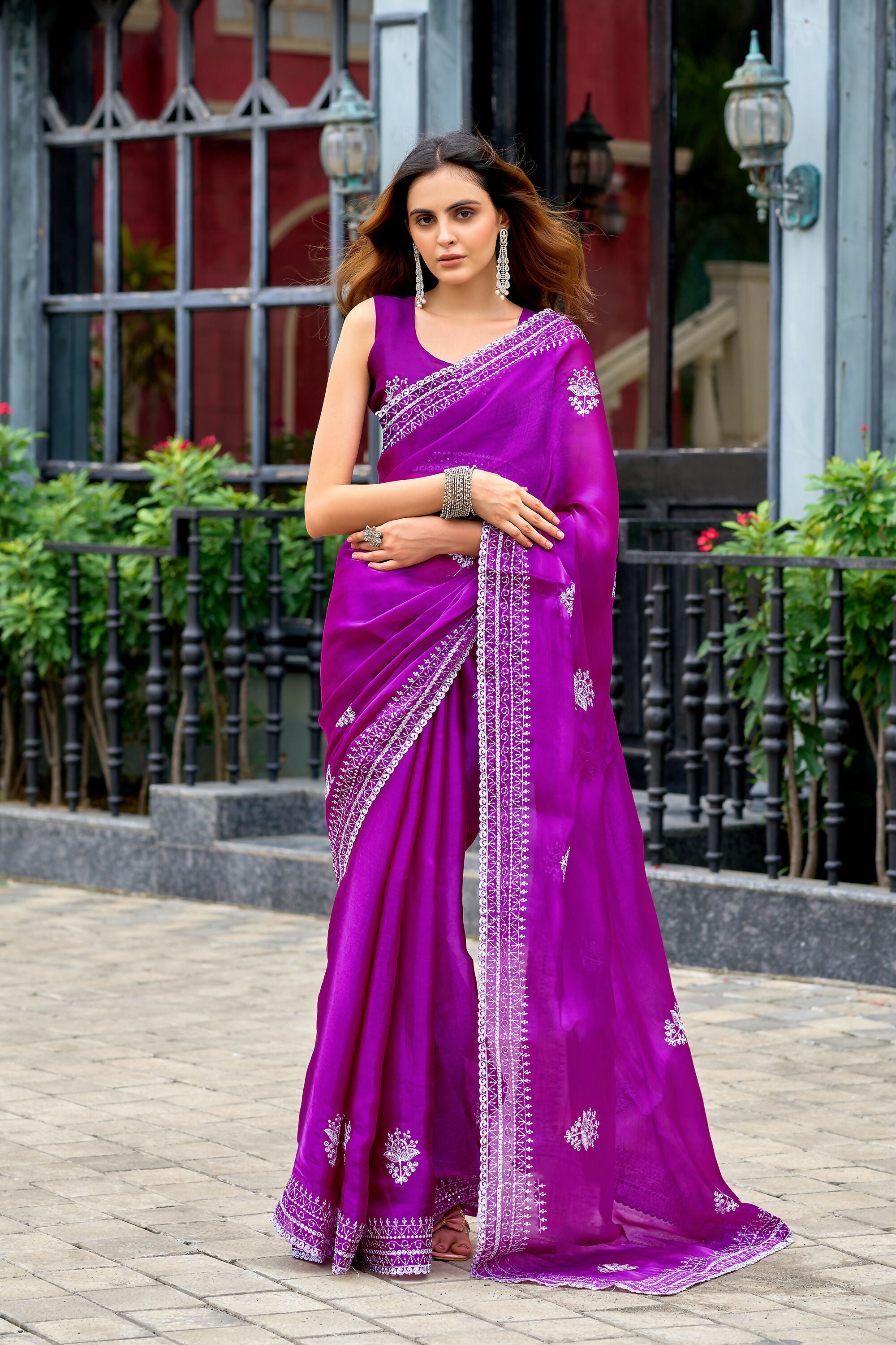 Vastranavya Purple Embroidery Work Shimmer Chiffon Saree with Unstitched Blouse | Grocsy