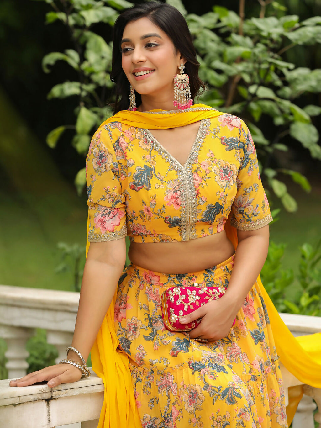 Janasya Yellow Georgette Floral Lehenga Choli Dupatta | Grocsy