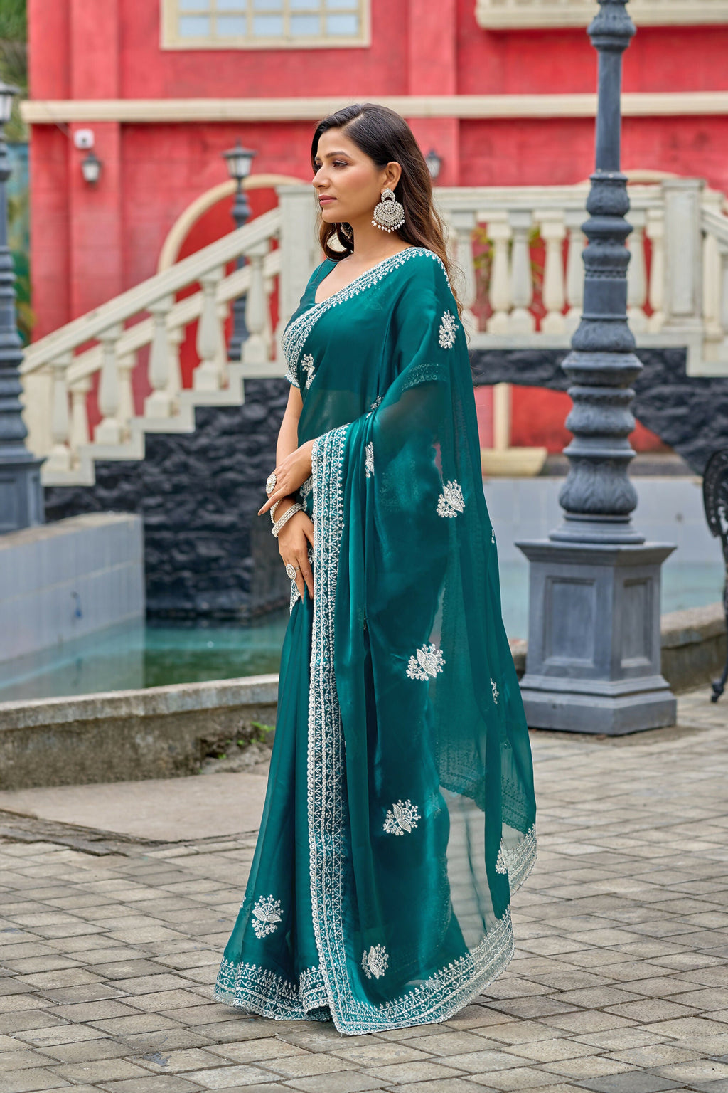 Vastranavya Rama Embroidery Work Shimmer Chiffon Saree with Unstitched Blouse | Grocsy