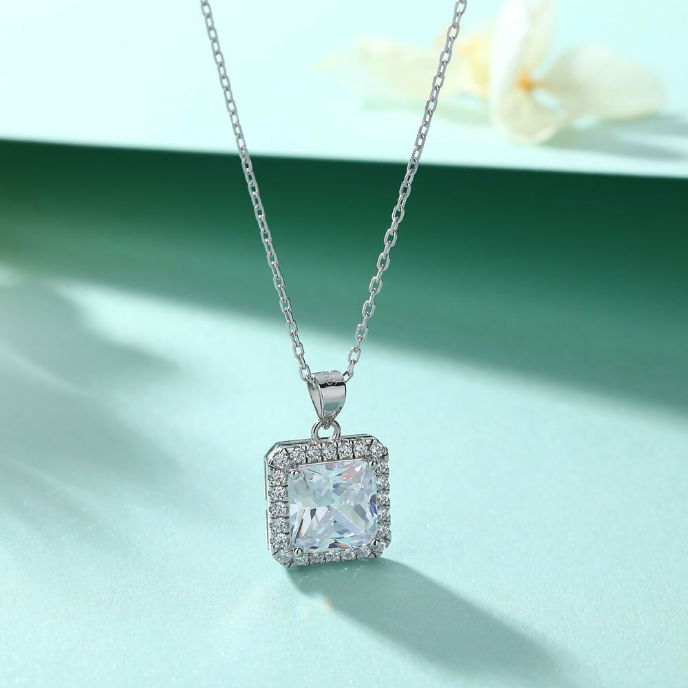 Cauer Radiant Moissanite Pendant Necklace in 925 Sterling Silver, White Gold Plated | Grocsy