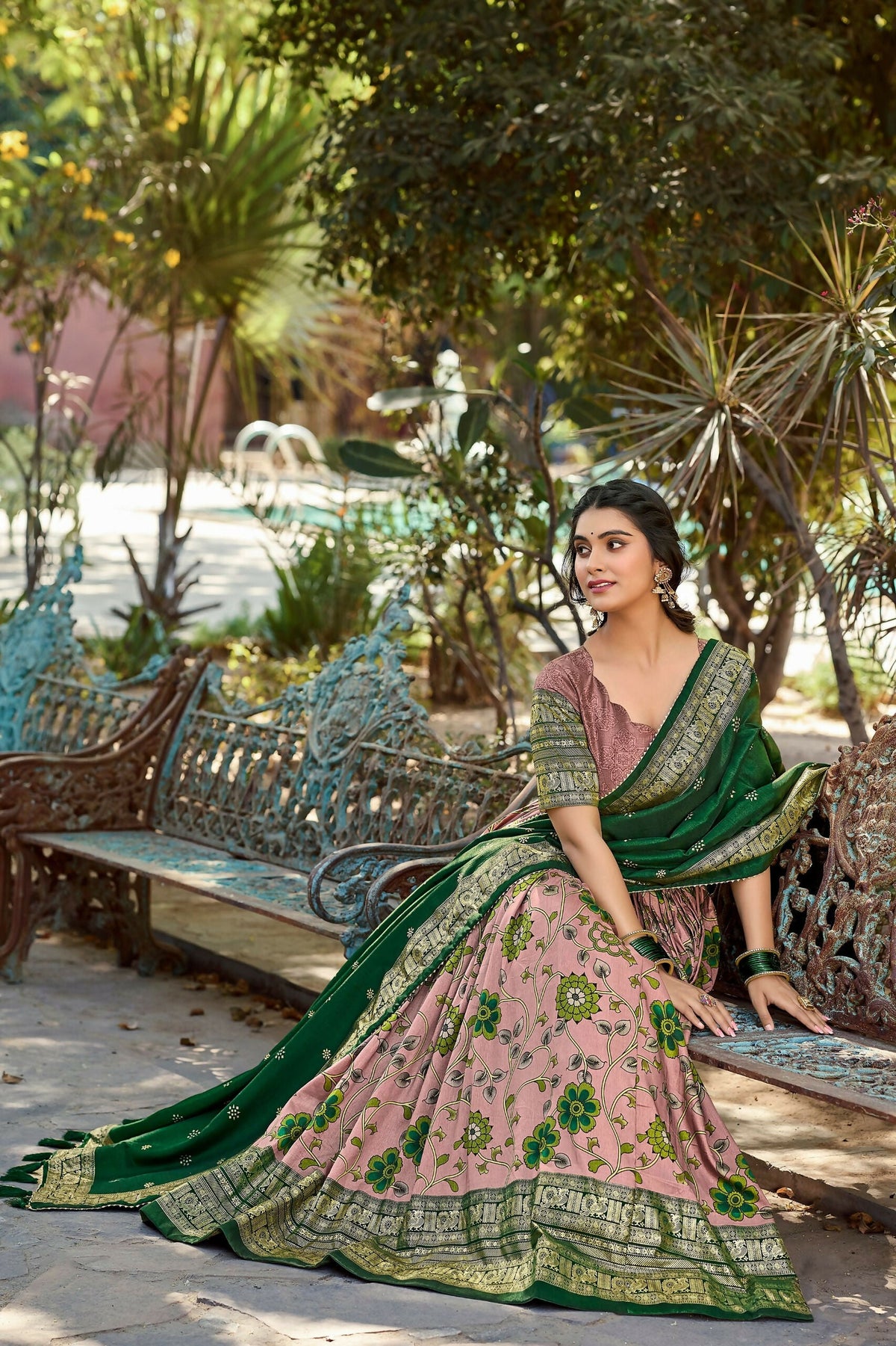 Vastranavya Kalamkari Print With Foil Print Lehenga with Unstitched Printed Blouse - Onion | Grocsy