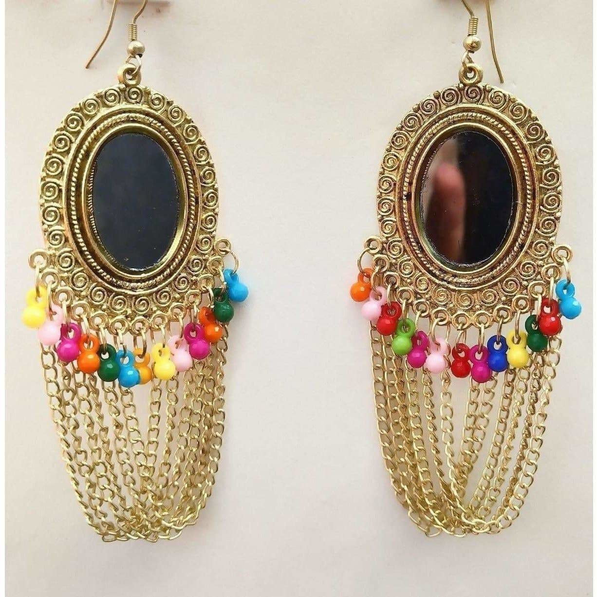 MS Fashion India Fancy Gold-Polished Mirror Traditional Chains Wedding Wear Earrings | Grocsy