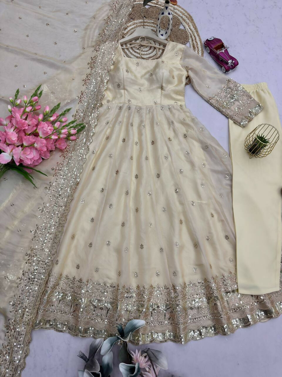 Teeya Creation White Fendy Silk Designer Heavy Work Wedding Wear Long Gown | Grocsy