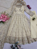 Teeya Creation White Fendy Silk Designer Heavy Work Wedding Wear Long Gown | Grocsy