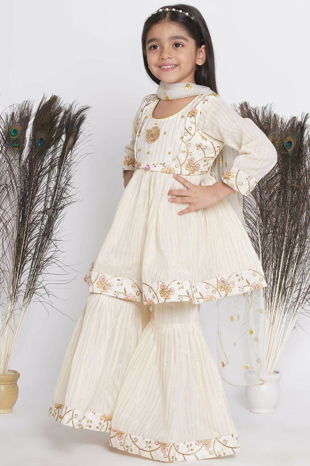 Little Bansi Floral Embroidery Jacket With Cotton Lurex Frock Sharara And Dupatta With Ghungroo Handwork - Cream | Grocsy
