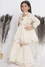 Little Bansi Floral Embroidery Jacket With Cotton Lurex Frock Sharara And Dupatta With Ghungroo Handwork - Cream | Grocsy