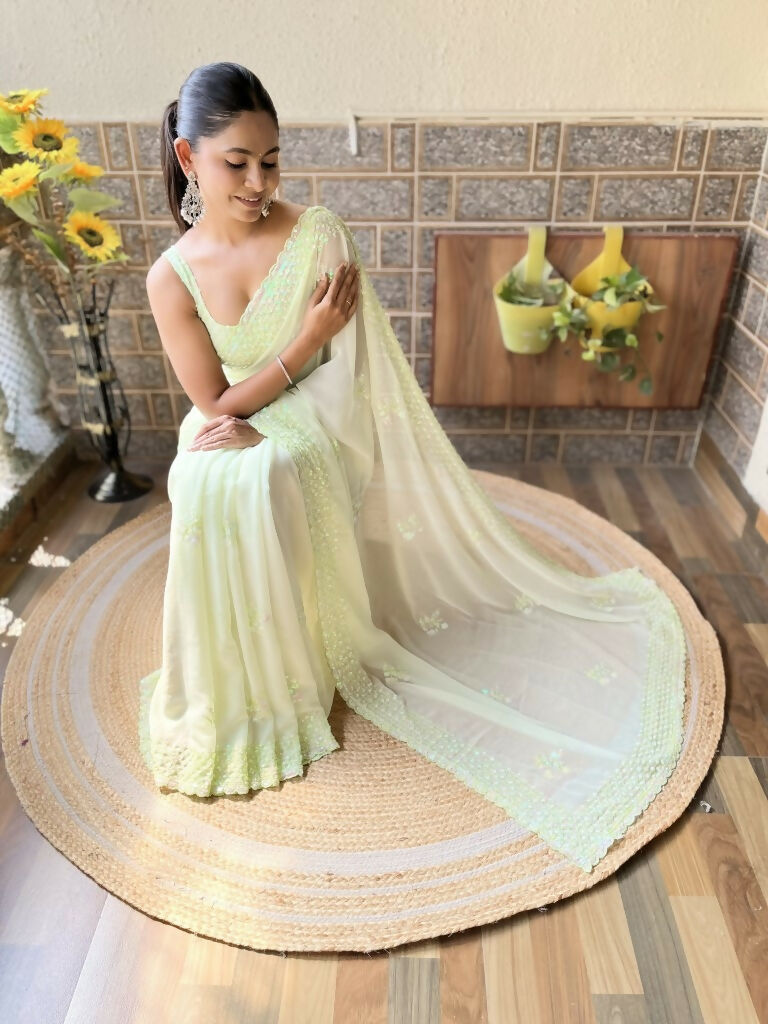 Green Georgette Sequence Embroidery Cut Work Saree - Saadia | Grocsy