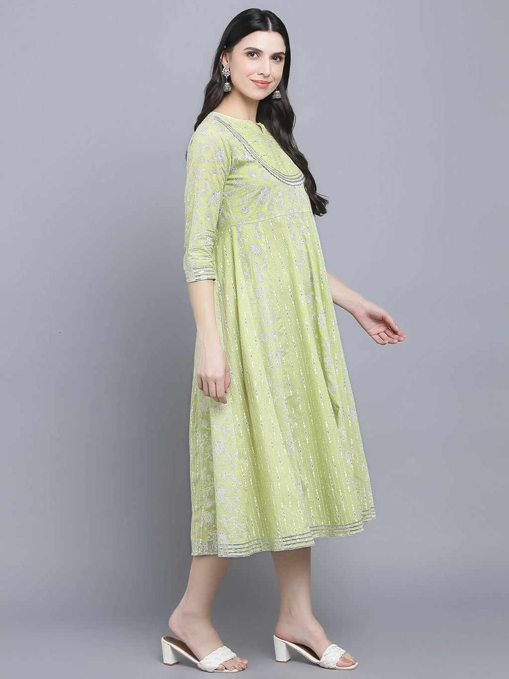 Myshka Women's Green Ethnic Motifs A-Line Midi Dress | Grocsy