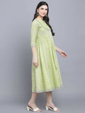 Myshka Women's Green Ethnic Motifs A-Line Midi Dress | Grocsy