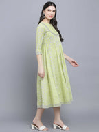 Myshka Women's Green Ethnic Motifs A-Line Midi Dress | Grocsy
