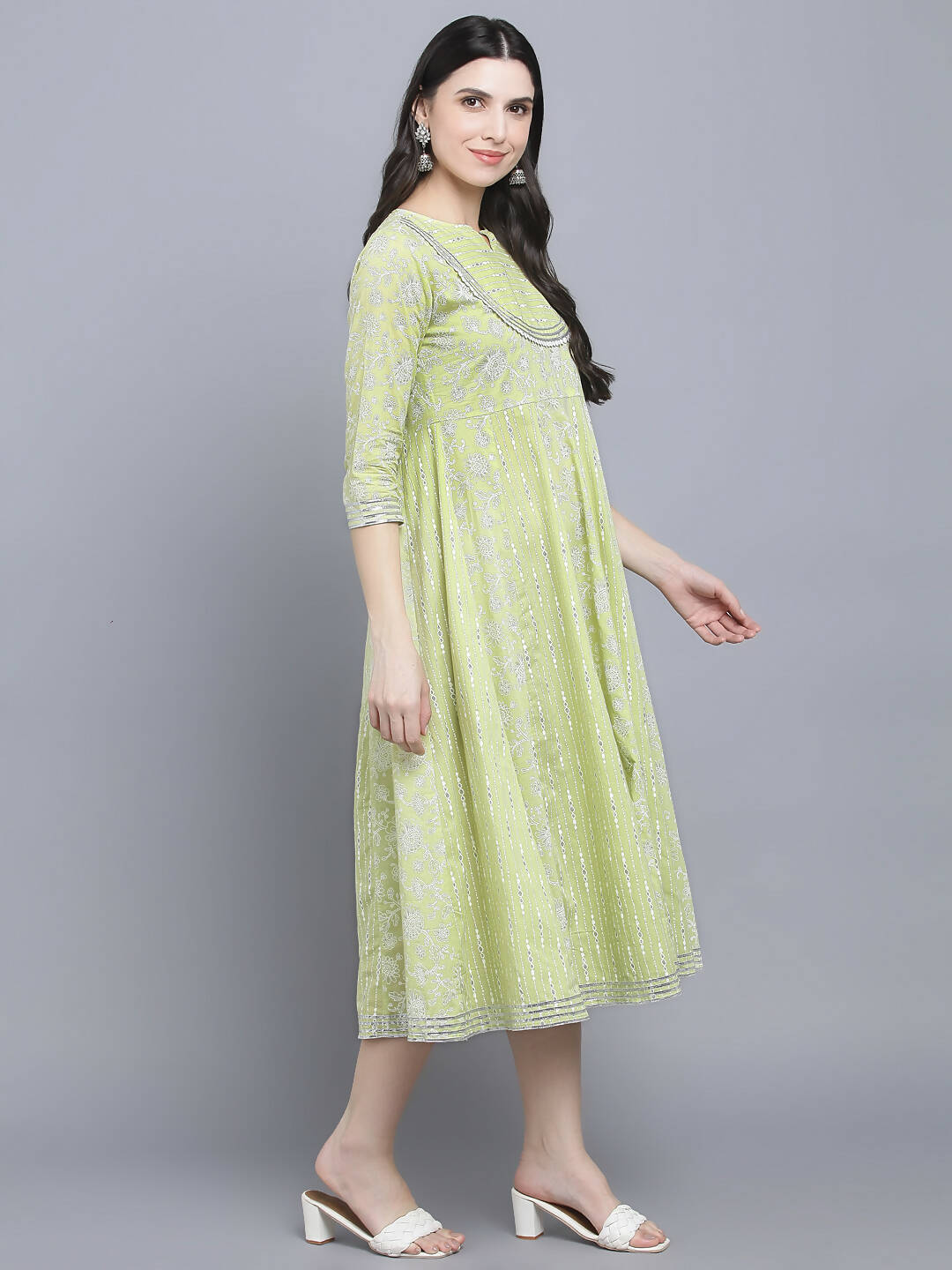 Myshka Women's Green Ethnic Motifs A-Line Midi Dress | Grocsy