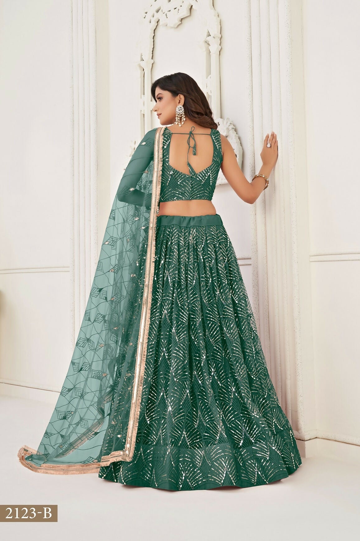 Eilara Glamorous Bottle Green Net With Sequins And Thread Embroidery Real Mirror Work Lehenga Choli For Wedding | Grocsy