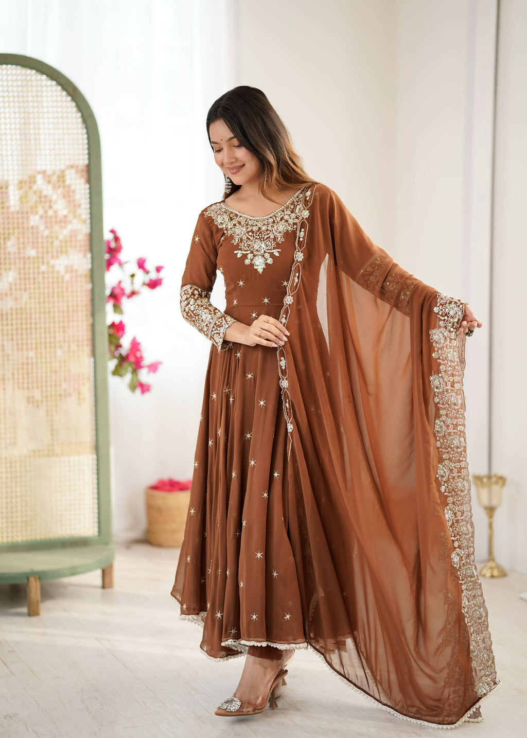 Teeya Creation Browm Color Faux georgette Embroidery Work Wedding Wear Gown | Grocsy