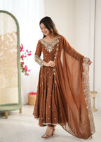 Teeya Creation Browm Color Faux georgette Embroidery Work Wedding Wear Gown | Grocsy