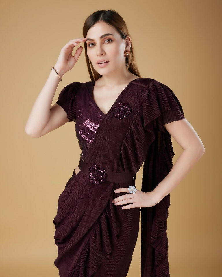 Wine Imported Crush Solid Ready to Wear Saree with stitched Blouse - Aayan | Grocsy
