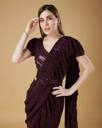Wine Imported Crush Solid Ready to Wear Saree with stitched Blouse - Aayan | Grocsy