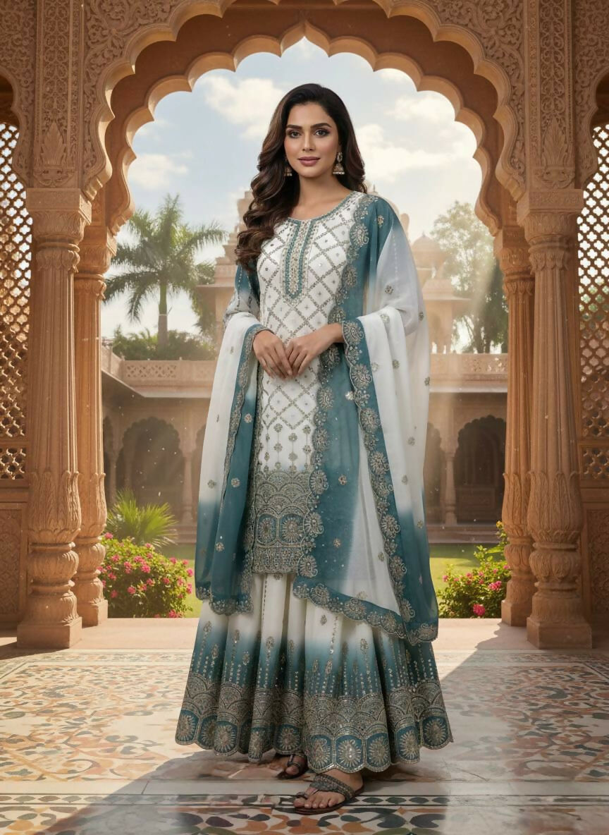 Teeya Creation Multi Color Star Georgette Heavy Embroidery Work Functional Wear Salwar Suit | Grocsy