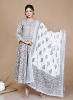 Miravan Women's Blue Printed With Gota Patti Work Anarkali Kurta With Dupatta | Grocsy