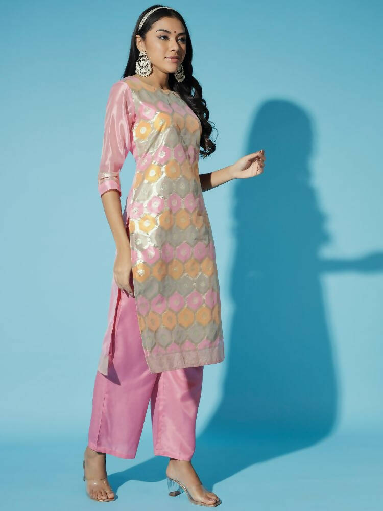 Myshka Women Pink Printed Kurta & Trousers With Dupatta | Grocsy