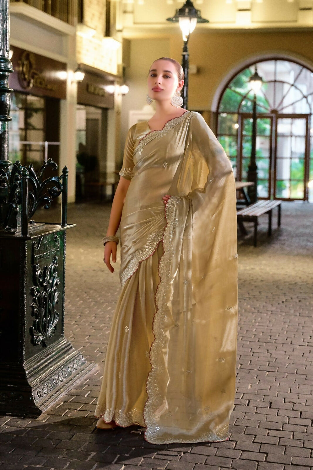 Vastranavya Beige Embroidery Work Shimmer Chiffon Saree with Unstitched Blouse | Grocsy