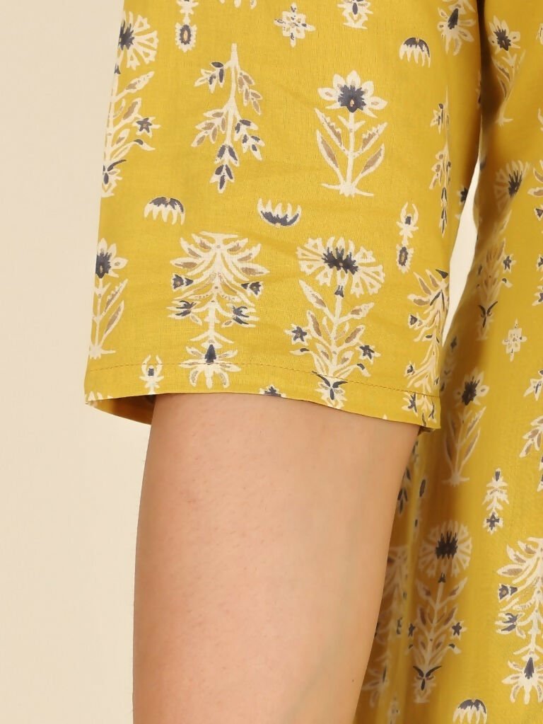 Aramya A-line Soft Cotton Butti Print Women's Kurta Set - Yellow | Grocsy