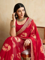Red Georgette Printed Designer, Embroidery Work Lace Border Saree - Aarvi | Grocsy